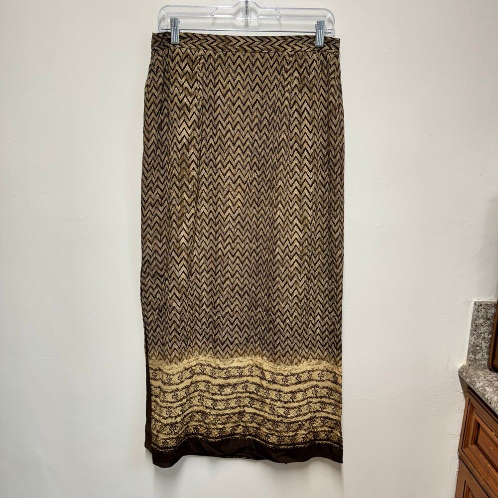 Rena Rowan Skirt Sz 10 Silk Blend Brown Chevron Wrap Overlay Midi Floral Retro